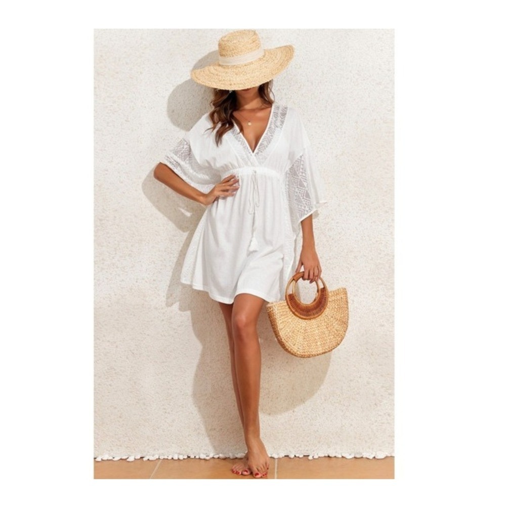 White Boho Swim Cover Up Dress Coastal Kimono Sleeve Tassel Lace Resort Wear S